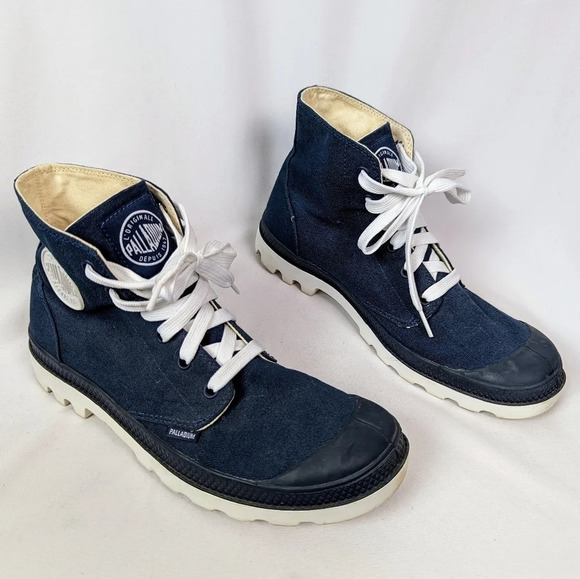 PALLADIUM Blanc Men 8.5 Women 10 Indigo Canvas High Top Sneakers Ankle Boots - Picture 1 of 10